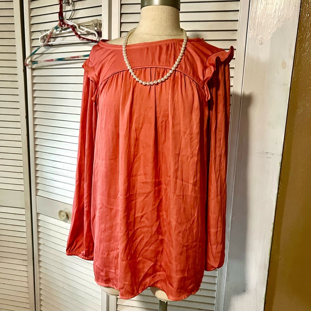 Women's Coral Long-Sleeve Ruffle Yoke Top